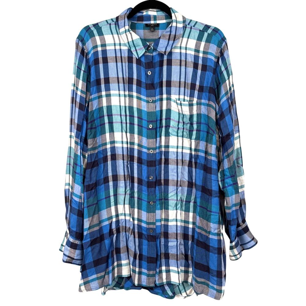 Talbots Womens Plus 2X Blue Plaid Button Back Casual Blouse Shirt NEW